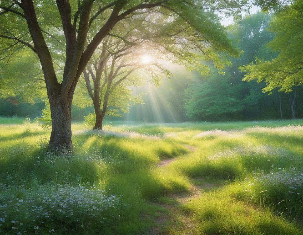 A serene scene featuring small, delicate trees with intricate branches and vibrant green leaves, set against a soft, dreamy background of pastel colors. Sunlight filters through the leaves, creating dappled patterns on the ground, with gentle flowers peeking through the grass at the base. A feeling of tranquility and harmony permeates the image, inviting viewers to appreciate nature's subtleties. super-realistic. vibrant colors. dreamy ambiance.