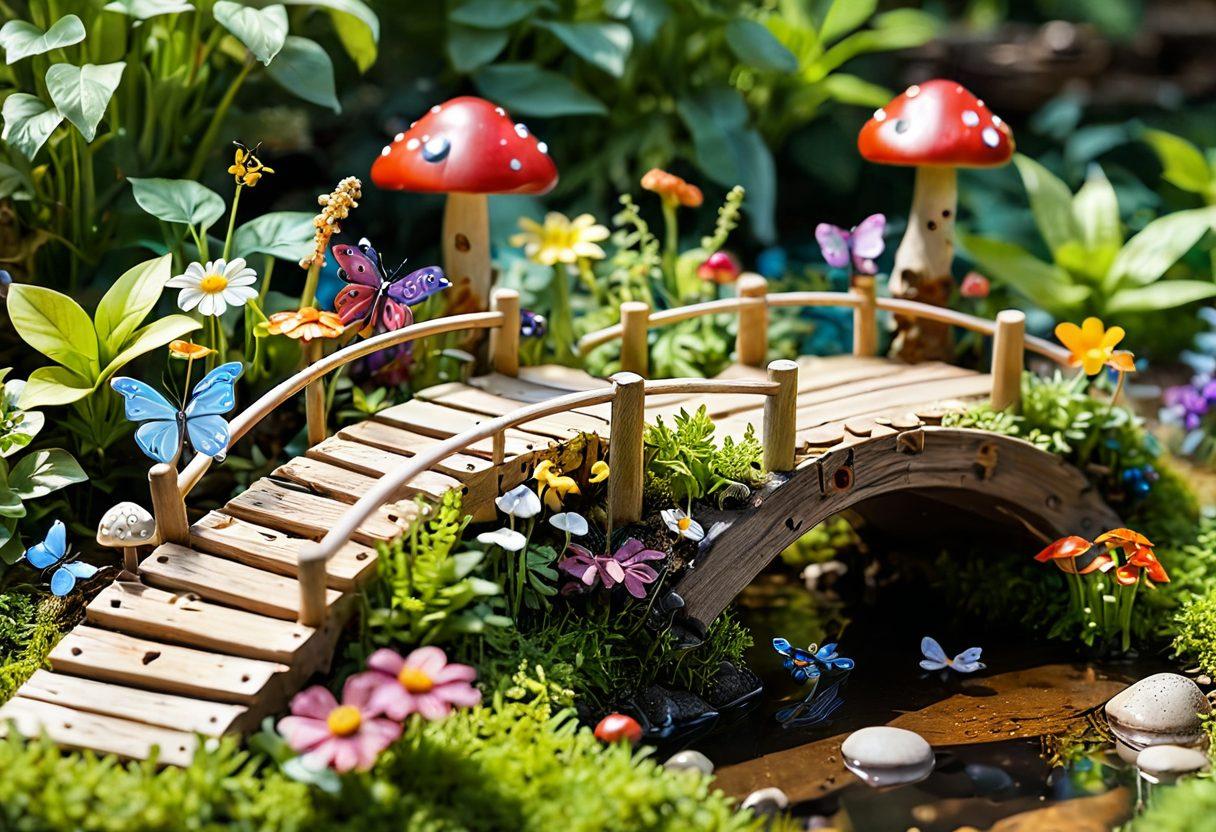 A whimsical scene showcasing a vibrant miniature garden filled with colorful flowers, tiny mushrooms, and delicate insects like butterflies and ladybugs. Include a small wooden bridge over a sparkling stream, with little fairy houses nestled among the greenery. The sunlight filters through the leaves, casting playful shadows on the ground. Capture the essence of joy and wonder in this enchanting microcosm of nature. super-realistic. vibrant colors. 3D.