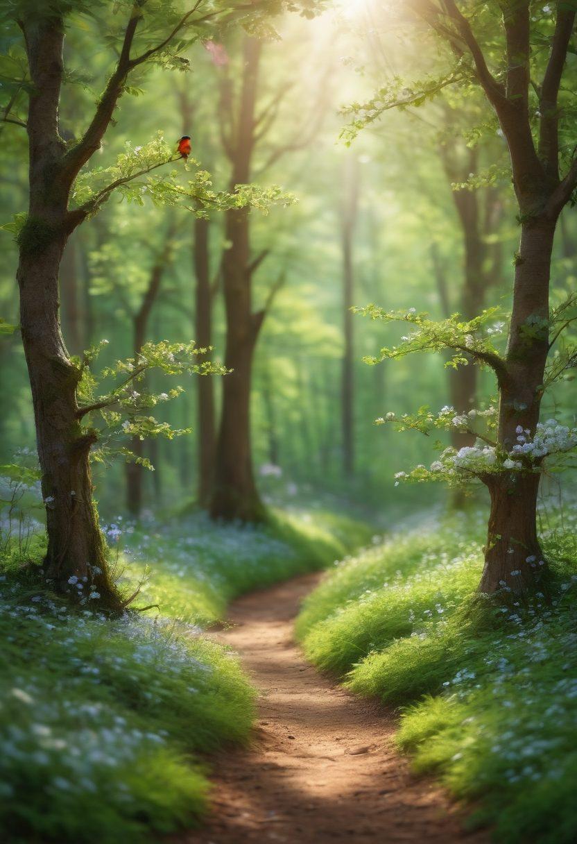A whimsical forest scene showcasing delicate mini branches and small trees adorned with vibrant green leaves and tiny blossoms. Soft sunlight filters through the branches, casting playful shadows on the ground, while gentle wildlife, like colorful birds and butterflies, interact with the scenery. The overall atmosphere should evoke a sense of tranquility and joy, inviting viewers to appreciate nature’s beauty. super-realistic. vibrant colors. soft focus.